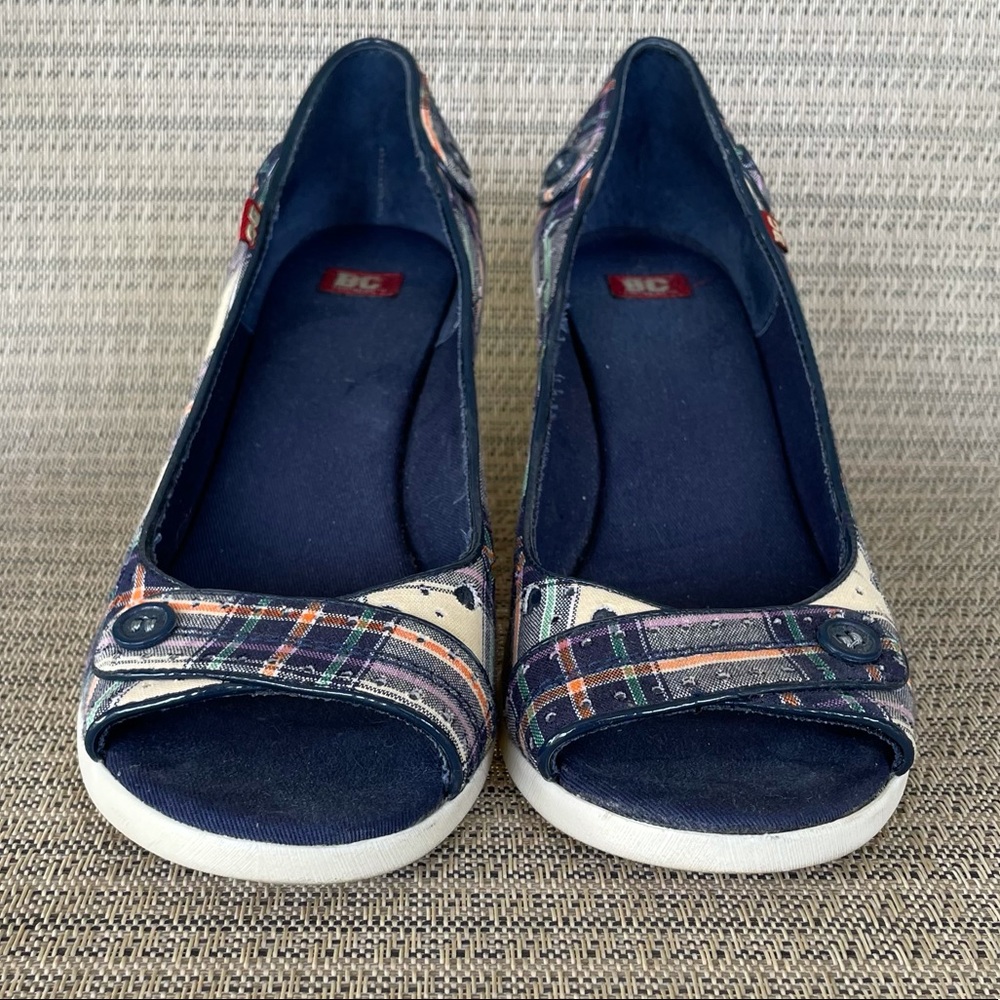 BC Footwear Plaid Fabric Peep-toe Wedges Navy Blue Size 9 - Picture 2 of 13